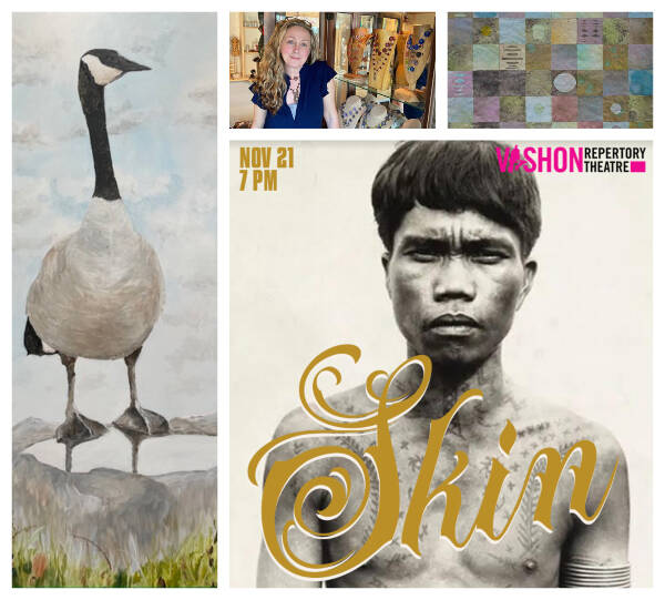 (Left) “Goose,” an oil on panel painting by Hartmut Reimnitz. (Top center) Lisa Witherspoon, who creates jewelry out of a storybook studio in Dockton, will show her work in VIVA’s Holiday Studio Tour. (Top right) Cathy Sarkowsky, Pink Moon Quilt (1), a work on paper, can be seen with more local artists work on VIVA’s Holiday Art Tour, coming up the first two weekends in December. (Bottom right) “Skin” is the latest play to get a reading in Vashon Repertory Theatre’s ongoing series of readings (Courtesy Photos).