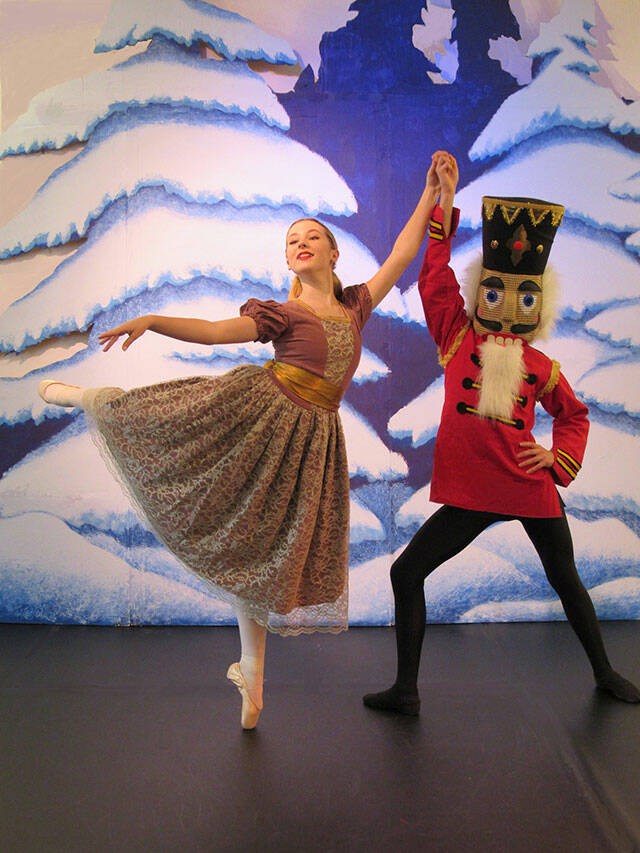Grace Harvey, as Clara, dances with Ford Ray, who has the role of the Nutcracker Prince in this year’s production of “The Nutcracker” at Vashon Center for the Arts (Vadne White Photo).