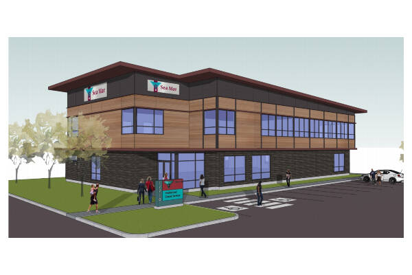 Sea Mars preliminary drawings for a new clinic would site the building on the north side of the current Spinnaker Building property, where that buildings parking lot is now located. The trees shown in the drawing would front 100th Avenue SW, with the building oriented horizontally on the property directly adjacent to the Sugar Shack (Courtesy Graphic).