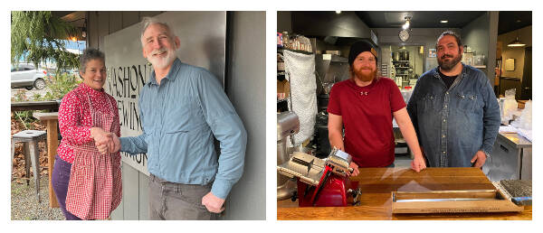 At left, Vashon Brewing Community Pub’s former owner, Cliff Goodman, has sold his establishment to Michaella Olavarri, who will offer breakfast, lunch and dinner in the eatery, now called Vashon Community Pub and Smokehouse. At right, Chef Jacob Wiegner and Andy Hennessey, are the culinary forces behind Sauced, a pop-up restaurant housed through the end of February at Gravy, while Gravy’s owners take a break (Elizabeth Shepherd Photo, left, and Tom Hughes Photo, right).
