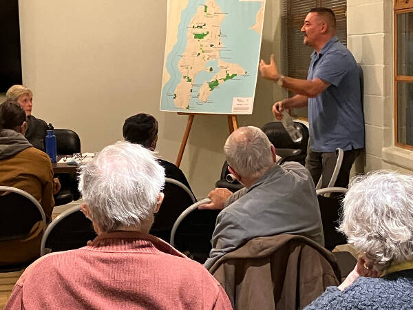 Robert Davis, the director of Northwest Operations for AmeriGas, spoke with islanders at a Jan. 4 meeting at the Land Trust Building (Elizabeth Shepherd Photo).