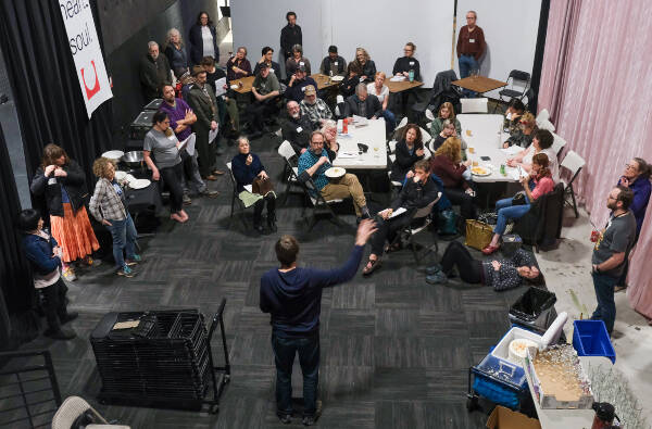Actors, directors and writers involved in the January 2020 edition of the 14/48 Theater Festival gathered for an intense two days to create the show, from scratch, at Open Space. The crowd-pleasing festival is now returning to Vashon, after a long pandemic break (Michelle Bates Photo).