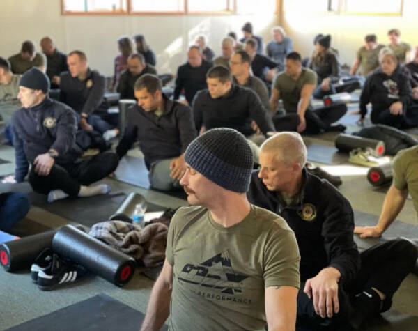 VIFR’s health and wellness retreat last weekend focused on both the physical and mental challenges of those employed in fire service. Sessions included yoga (seen here), mindfulness, nutrition, sleep management and strength training (Courtesy Photo).