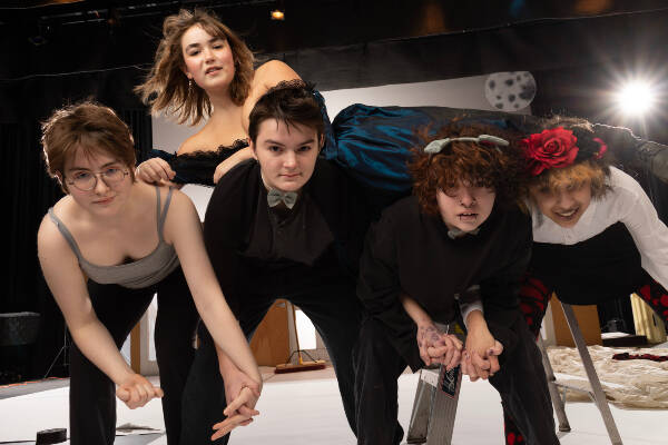 Alice (Chloe Bay) stretches out across some supportive cast members: Delilah Spence, Adam Ingalls, Dakota McBride, and Wren Keyes (from left) (Rick Dahms Photo).