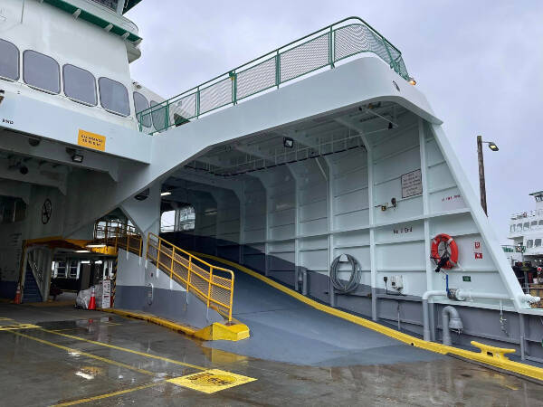 The MV Cathlamet, photographed after its return last week to Washington State’s Eagle Harbor Maintenance Facility, sports new steel after a $7.7 million repair (Zachary Heistand Photo).