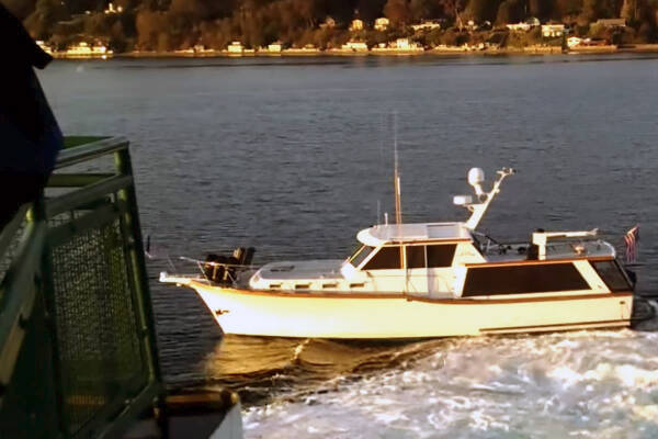 This 2016 collision between the ferry Chetzemoka and a private boat could have been prevented if vessel operators had followed the marine rules of the road. The ferry was underway from Point Defiance to Tahlequah and the southern island shore can be seen in the background. A review of the incident will be included in an upcoming class to be conducted by the Quartermaster Yacht Club. The class will take place at 6 p.m. Wednesday, March 22, at Vashon Library (Courtesy Photo).
