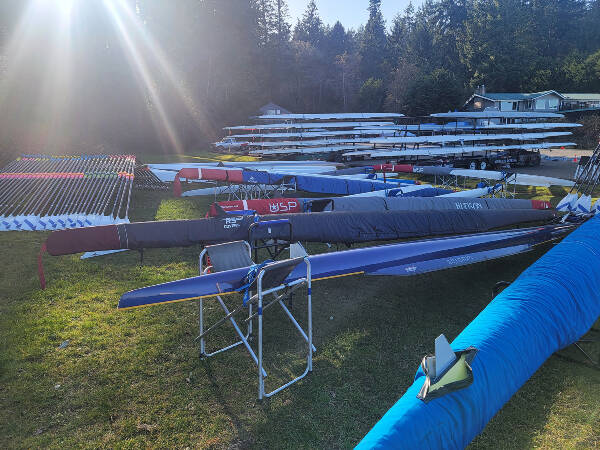 Shells and oars were lined up from various area clubs last Saturday at Jensen Point in preparation for the next day’s racing (Eric Odegard Photo).