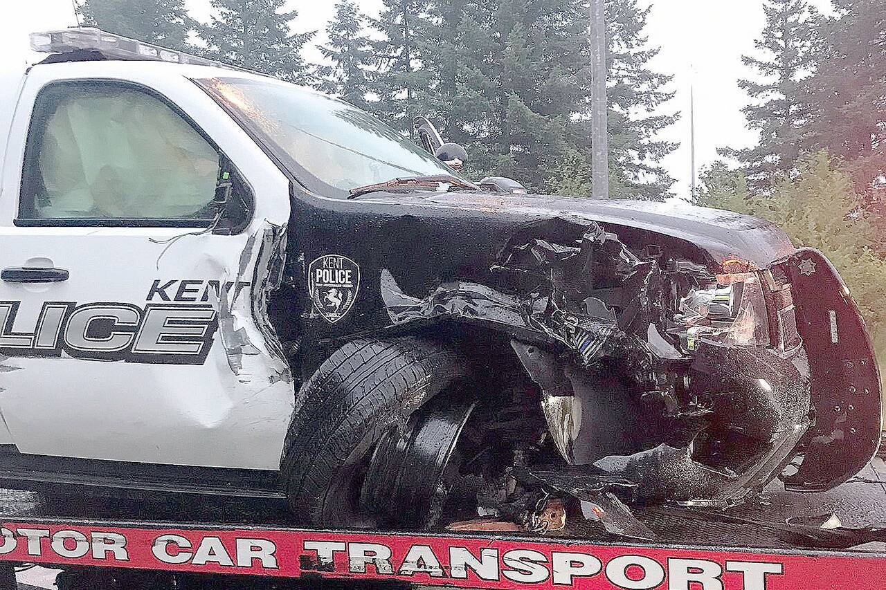 In this 2019 file photo: A Kent Police SUV is recovered near Interstate 90 and Highway 18 after a woman reportedly stole the vehicle near Kentridge High School and led police on a pursuit. Officers arrested the woman in the vehicle near I-90 and Highway 18. Nobody was injured during the pursuit. COURTESY PHOTO