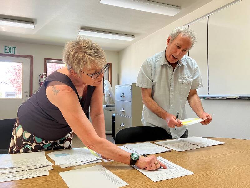 Melody Snyder and Seth Zuckerman sort out the winners among applicants in Water District 19’s drawing for new water shares on Vashon (Elizabeth Shepherd Photo).