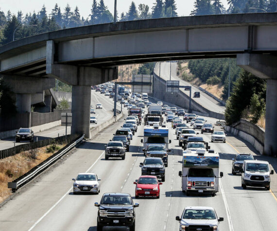 <p>Heavy traffic northbound on 1-5 in Everett, Washington on August 31, 2022. (Kevin Clark / The Herald)</p>