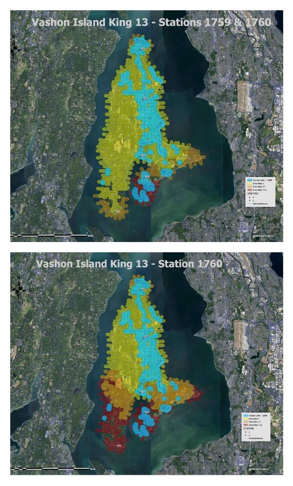 The top map shows current fire ratings for different areas of Vashon, with the bottom map projecting new ratings as of August if Burton Fire Station remains unstaffed — a key issue in the campaign for VIFR’s levy lift. Blue and yellow areas are rated class 5 or 6, based on proximity to fire stations and hydrants. Orange areas are located 5-7 road miles from an active station and are rated property class protection class 9, and red areas, located 7-10 road miles from an active station, have an even higher 9A rating. Some home insurance companies’ prices rise sharply for homes with higher ratings (Washington Surveying Rating Bureau Graphics).
