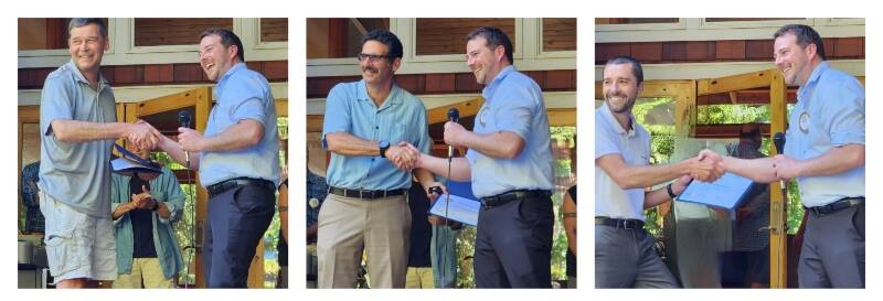 James Freund, 2022-2023 president of Vashon Rotary (right in all photos) congratulates Vashon Rotary’s Paul Harris Fellows (left to right) Doug Synder, Shawn Hoffman and Clay Gelb at a recent ceremony. Another Fellow, Ken Zaglin, was unable to attend the ceremony (Vashon Rotary Photos).