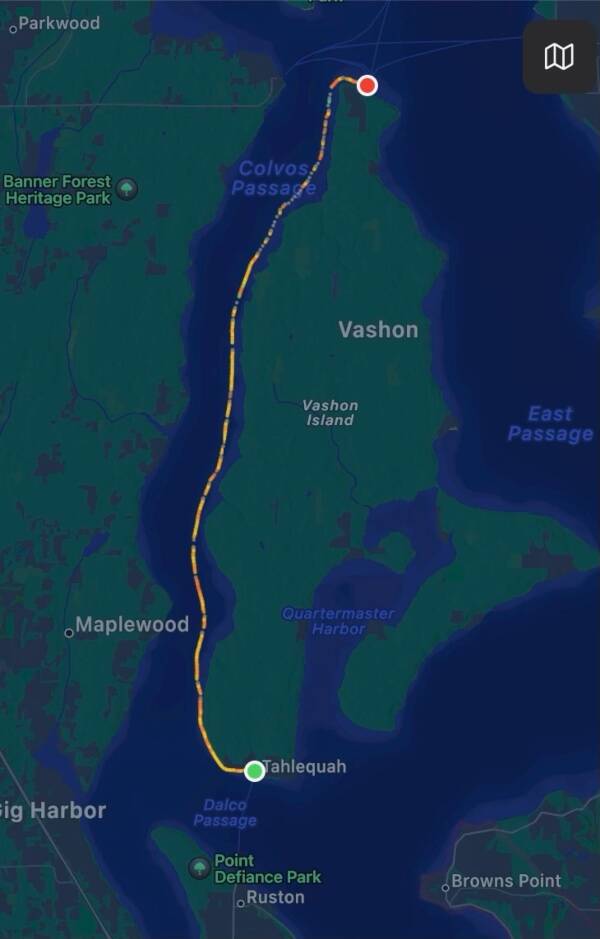 Joe Yarkin’s watch mapped his course on his dock-to-dock swim on July 6 (Courtesy Graphic).