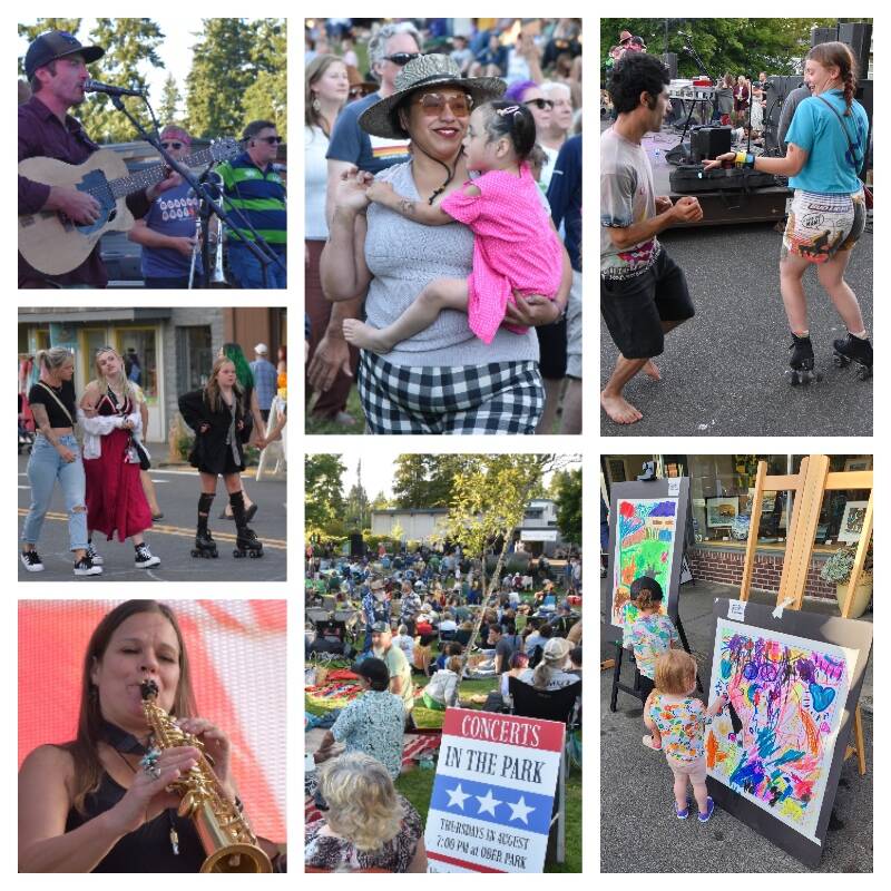 Islanders who celebrated summer last Thursday and Friday included (left row, top to bottom) Jacob Bain, the frontman of Publish the Quest; a trio stepping out on the town; and Dianne Krouse, blowing her sax with the band, Loose Change. (Middle row) Hundreds showed up for the first offering of Vashon Park District’s Concerts in the Park series. (Right row) Two dancers upped the ante in Ober Park, with one barefoot and the other in roller skates, and budding artists stepped up to finish works created by Swiftwater Gallery members (Photos by Jim Diers, Pete Welch and Alice Larson).