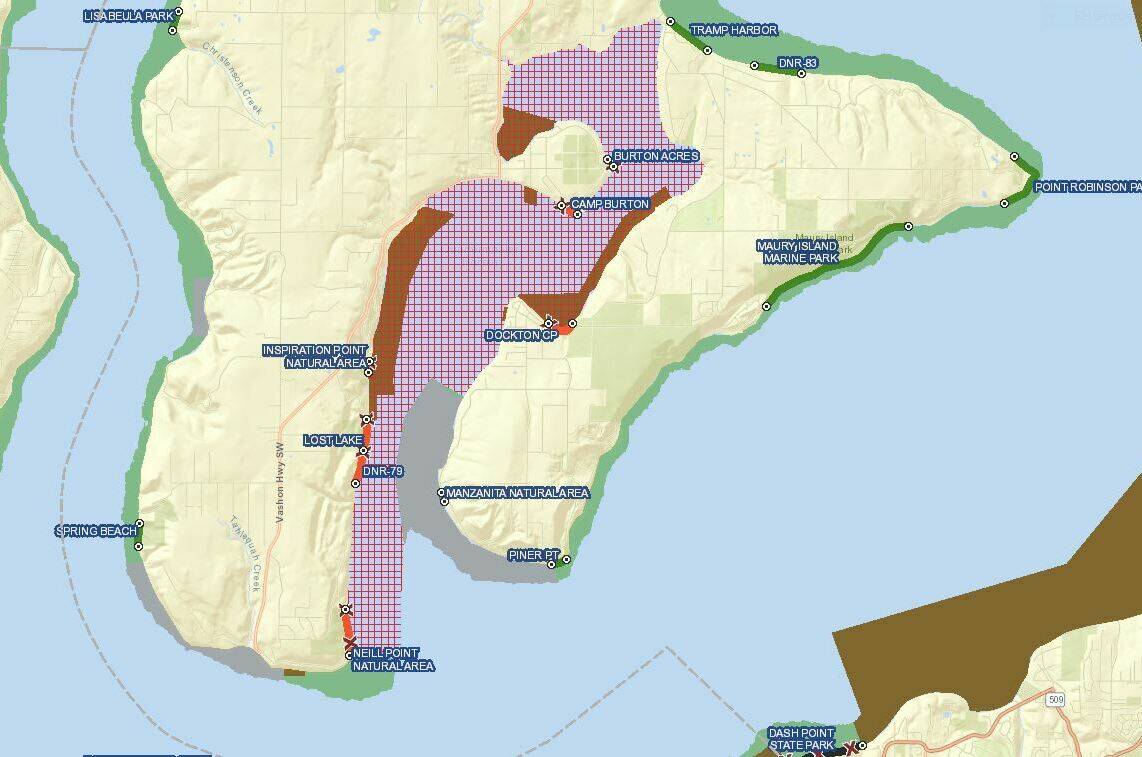 This map from the state Department of Health shows the area in Quartermaster Harbor (the red criss-cross grid) in which shellfish harvesting is temporarily closed due to high levels of paralytic shellfish poison.