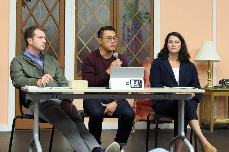 During a public forum about ferry service on Vashon, 34th District (Vashon and West Seattle) legislators Rep. Joe Fitzgibbon, Sen. Joe Nguyen and Rep. Emily Alvarado shared their takeaways from the evening Monday at Vashon High School (Alex Bruell Photo).