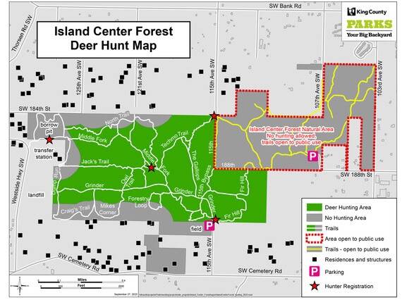 Trails in Island Center Forest’s Natural Area will be open for public use, and the rest of the park will be closed to all other users except for hunters from Oct. 14-31 (King County Graphic).