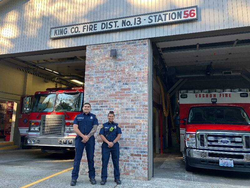 Firefighter/EMTs Fale Waggen (left) and Yolanda Dowell, at Station 56, last week. (Elizabeth Shepherd Photo)