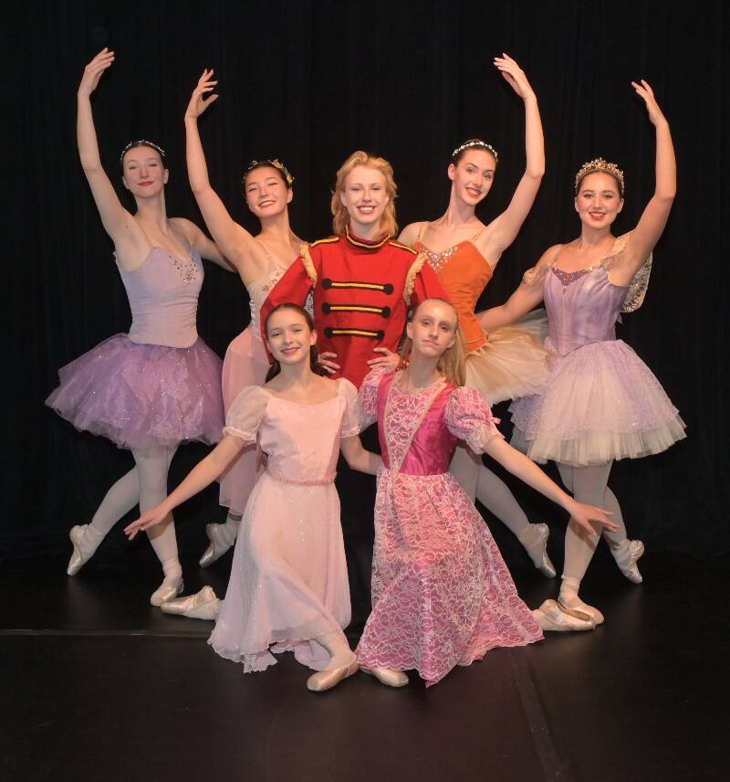 Dancers (kneeling, left to right) Edie Lopez and Josephine Baker, (standing, left to right) Ella Strong, Sadie Choo, Astro Mullins, Claire Mitchell, and Elouise Lawrence are part of the cast of Vashon Center for Dances production of The Nutcracker (Wade Yip Photo).