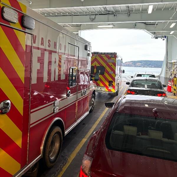 On Nov. 12, Vashon Island Fire & Rescue ambulances from the district’s Bank Road and Burton stations returned to Vashon at the same time, after transporting patients to hospitals in Tacoma (Courtesy Photo).