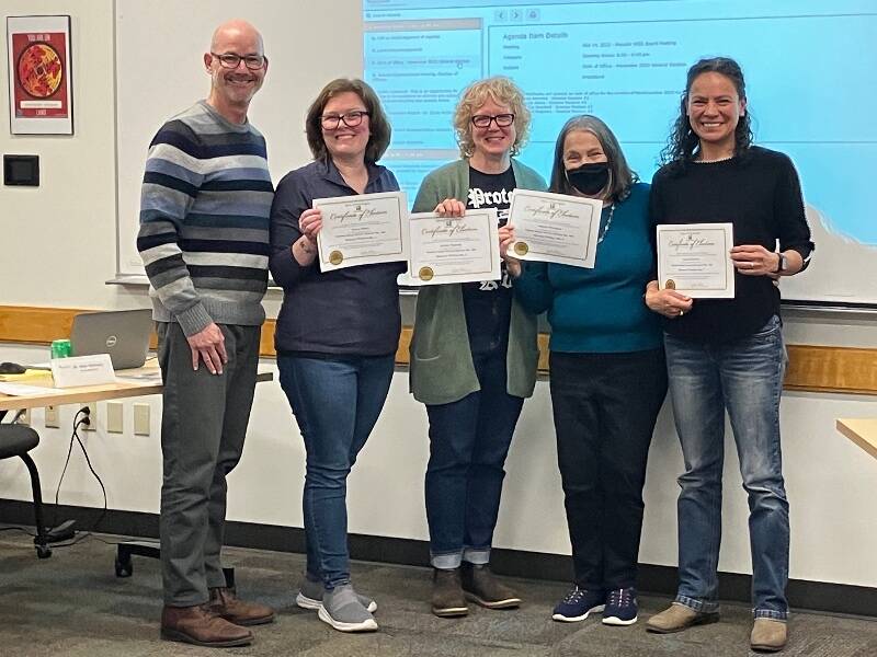 (Left to right) Superintendent Slade McSheehy, with newly sworn-in school board members Kaycie Alanis, Juniper Rogneby, Martha Woodard and Lucia Armenta (Elizabeth Shepherd Photo).