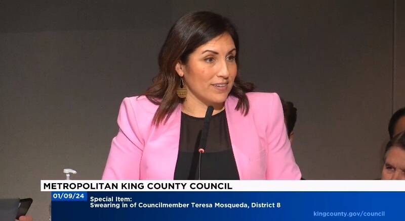 Teresa Mosqueda speaks during her swearing-in ceremony Jan. 9 at her first King County Council meeting (Photo via King County TV).