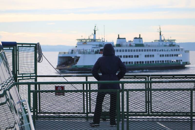 A passenger on the Triangle route watches as another ferry passes on the way between Vashon Island and West Seattle (Alex Bruell photo).