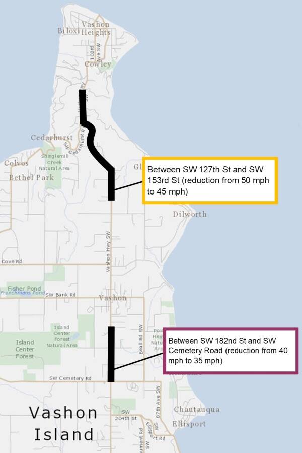 Image courtesy King County. This shows the locations on Vashon Highway that are currently being considered for speed limit reductions.