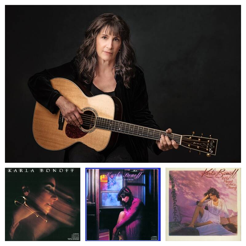 Karla Bonoff (top) whose first three albums from Columbia Records (below) date back to the 1970s and 80s, will play in concert at Vashon Center for the Arts on March 7 (Courtesy Photos).