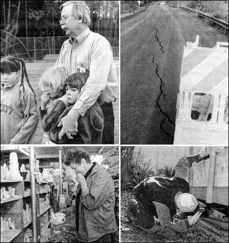 The Beachcomber covered the Nisqually Earthquake in detail back in 2001. Clockwise from top left: Chautauqua Elementary third graders evacuated to a play area and were comforted by teacher Loren Hill. The road down to Gold Beach ruptured. Engineer Art Rack inspected foundations. Ceramics shop owner Nancy Winebrenner picked up the pieces (Beachcomber photos courtesy of Vashon Heritage Museum. Photographers Allison Arthur, Rik Forschmiedt, Eric Horsting).