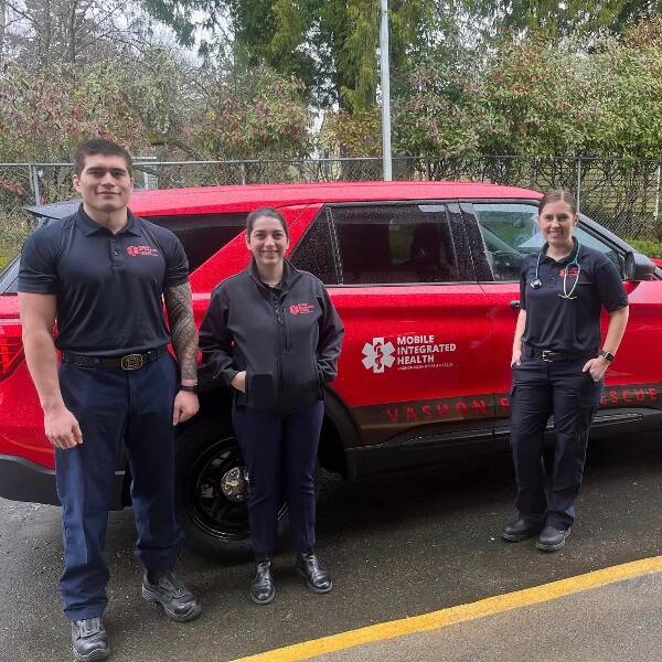 (Left to right) Firefighter/EMT Fale Weggen, manager Lilie Carroon, and registered nurse Ashley Soares at Fire Station 55, on February 21 — launch day for the Vashon Island Fire & Rescue’s Mobile Integrated Health program (Vashon Island Fire Rescue Photo).