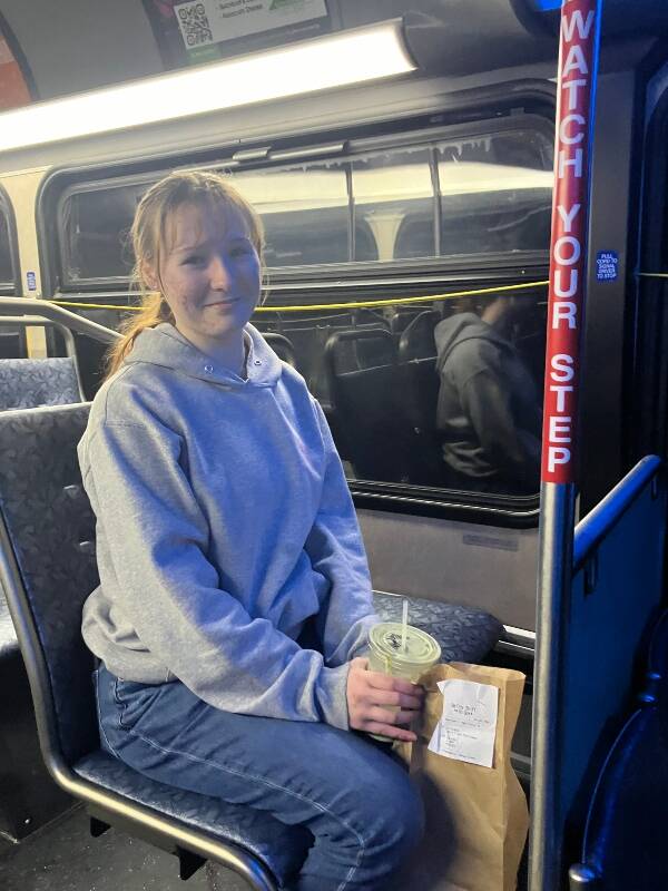 Bailey Naifeh, 16, on an evening bus ride home after working in town. Naifeh’s bus run is among those that will be cut in the new Metro schedule that launches on April 1 (Elizabeth Shepherd Photo).