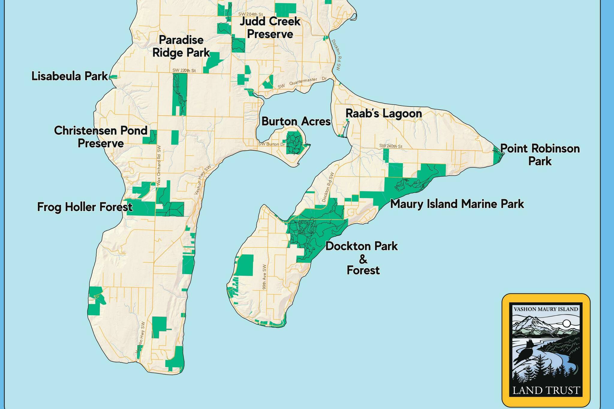 This map shows the latest view of public parks and preserves on the island. The two newest additions are a large chunk of property west of Wax Orchard Road, significantly growing Frog Holler Forest, and a large chunk south of Dockton that grows the Manzanita Natural Area. Image courtesy Vashon-Maury Island Land Trust.