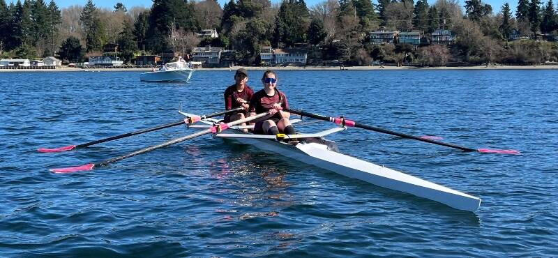 BBRC rowers Willa Lee and Brisa Ordonez-Ramirez in their double at the start for their first race of the day (Ken Jackson Photo).
