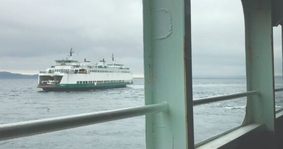 Photo by Aspen Anderson
A Washington State ferry is viewed from the car deck of another ferry on the Fauntleroy route that serves Vashon Island, Southworth in Kitsap County and West Seattle.
