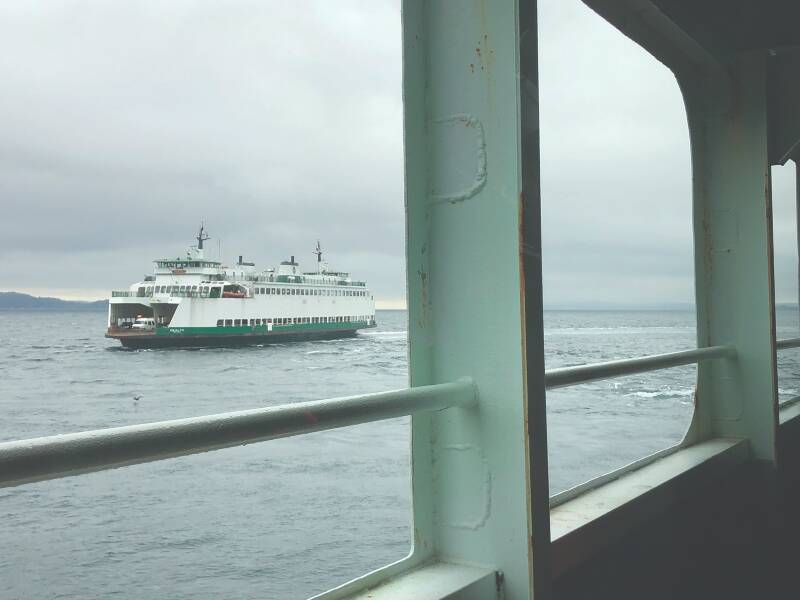 A Washington State ferry is viewed from the car deck of another ferry on the Triangle route, serving Vashon Island, Southworth, and West Seattle (Photo by Aspen Anderson).