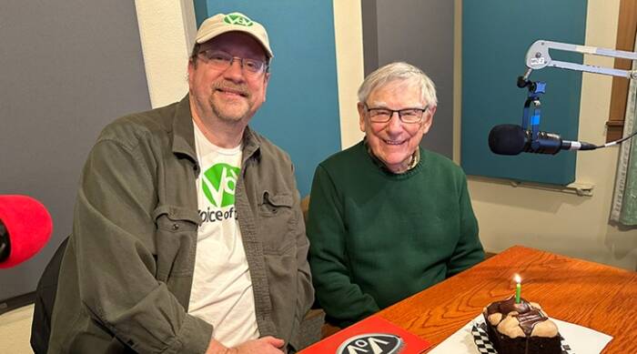 Michael Golen-Johnson (left) and Bill Wood, at Voice of Vashon, for the last episode of “Jazz Guy.” (Courtesy Photo)