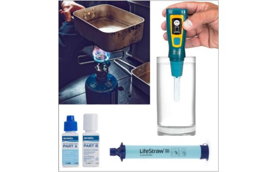 Courtesy photo
This image shows four of the most common and easily available ways to purify water. Clockwise from the top left: boiling, exposure to ultraviolet light (UV), filtering, and chlorinating. Many people on Vashon may already be familiar with these methods from camping trips, and thus have the means to purify water stored with their sleeping bags and tens.