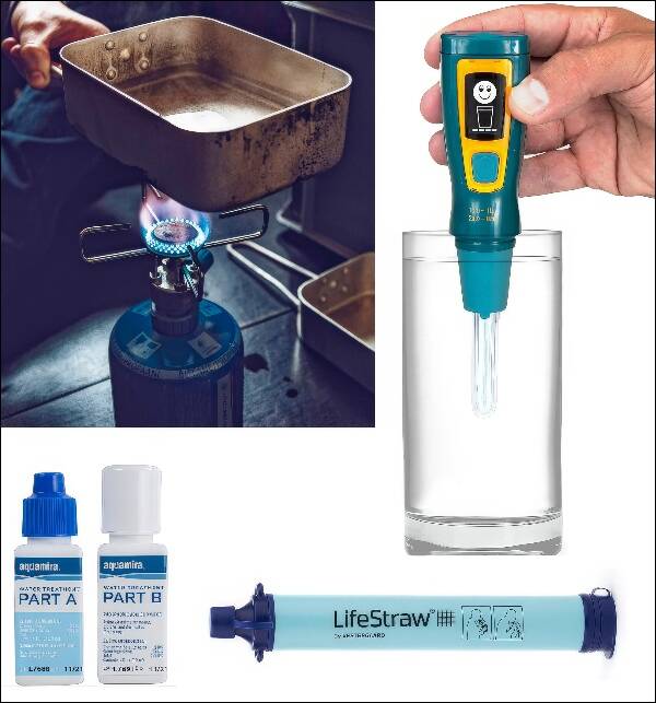 Courtesy photo
Four of the most common and easily available ways to purify water are (clockwise from top left) boiling, exposure to ultraviolet light (UV), filtering, and chlorinating.