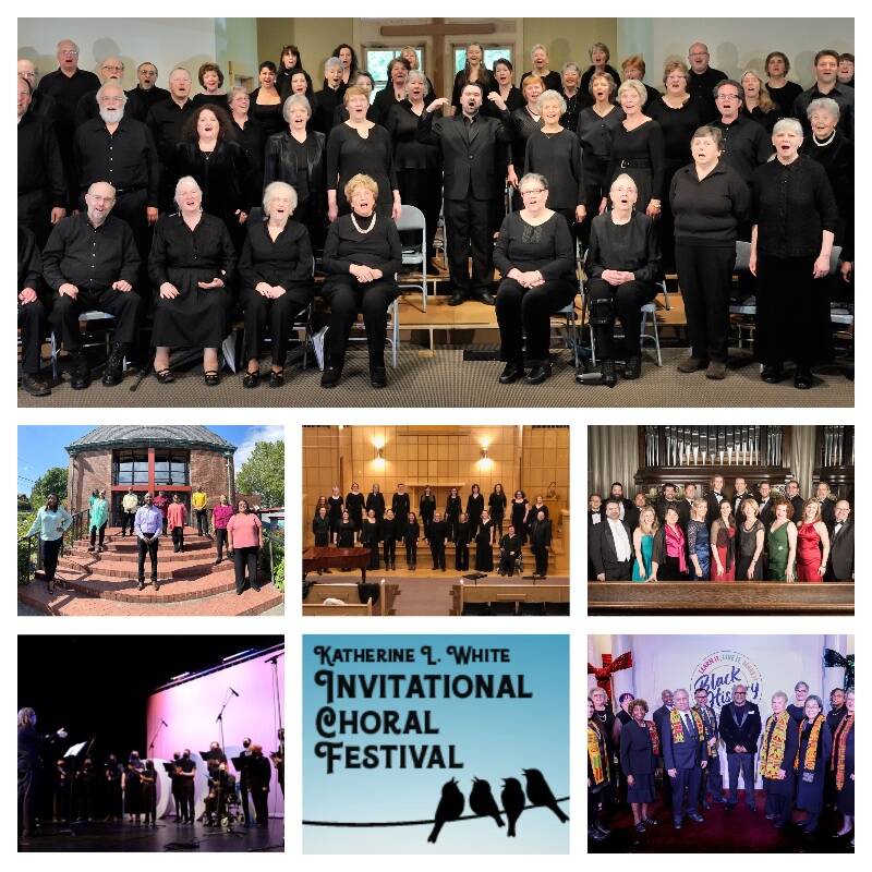 The Kay White Invitational Choral Fest will boast the talents of (top) Vashon Island Chorale, (middle, left to right) the African American Cultural Ensemble, Ancora Choir, Emerald Ensemble, (bottom, left and right) Seattle Trans and Nonbinary Choral Ensemble and The Sounds of the Northwest (Courtesy Photos).