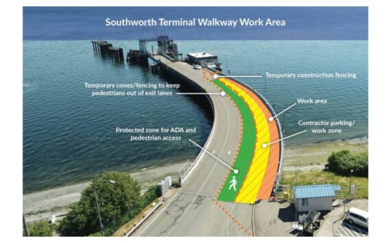 Two of the four lanes on the Southworth dock will close for three weeks beginning in mid-May. Crews will replace the wooden decking of the walkway running along the south side of the pier. (Washington State Ferries Photo).