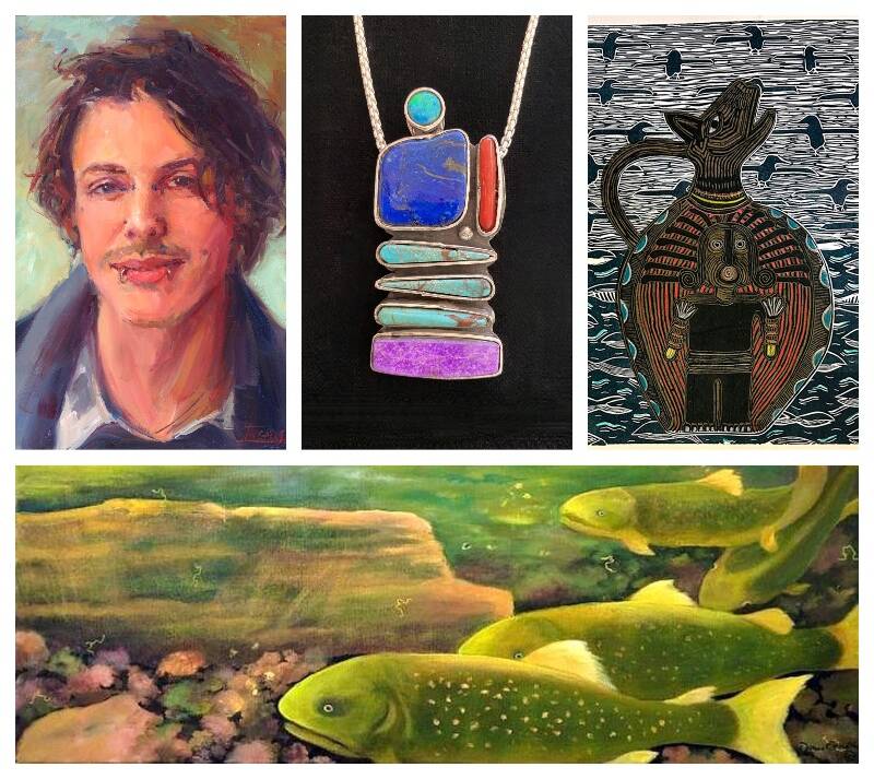 Works by (top, left to right) Pam Ingalls, Eric Heffelfinger, Laurie Brown, and (bottom) Donna Caulton will all be on view on the First Friday gallery cruise and the VIVA Spring Studio Art Tour (Courtesy Photo).