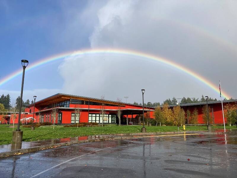 Vashon High School, sitting pretty under a double rainbow in 2021 (Courtesy Photo).