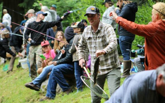 Alex Bruell photo
Anglers scattered around the Vashon Sportsmen’s Club pond the afternoon of Sunday, May 12 for the annual Kids’ Trout Derby.