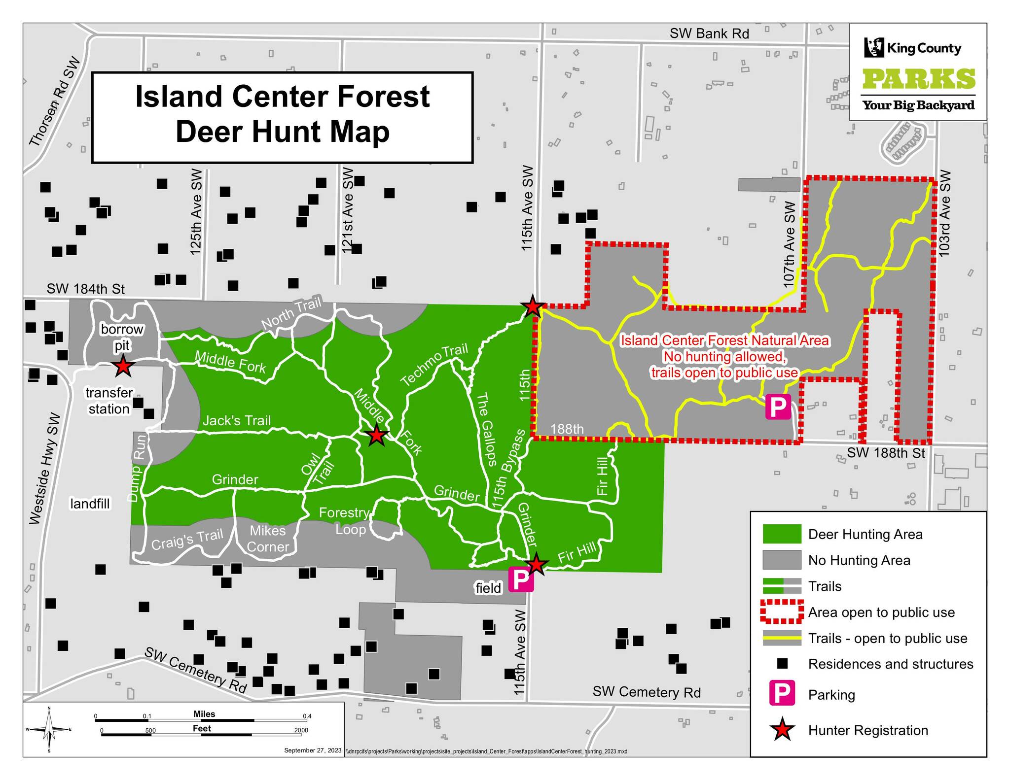 King Countys Island Center Forest deer hunt map. No hunting is allowed in the northeastern section (the Island Center Forest Natural Area), highlighted in red, where trails will remain open to public use.