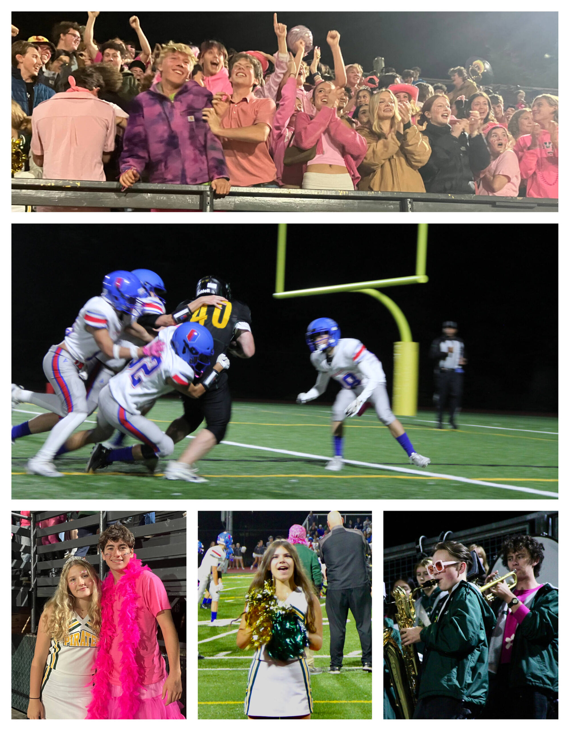 (Top) The Green Tide student section of the bleachers turned pink on Homecoming — and went wild when (middle) the VHS Pirates scored a touchdown late in the game. (Bottom) School pride beamed from the faces of students including sophomore royalty Gloria Erickson and Pierson Guenther (left), freshman cheer squad member Holly Caughell (center) and the exuberant pep band (right). (Tom Hughes and Elizabeth Shepherd Photos)