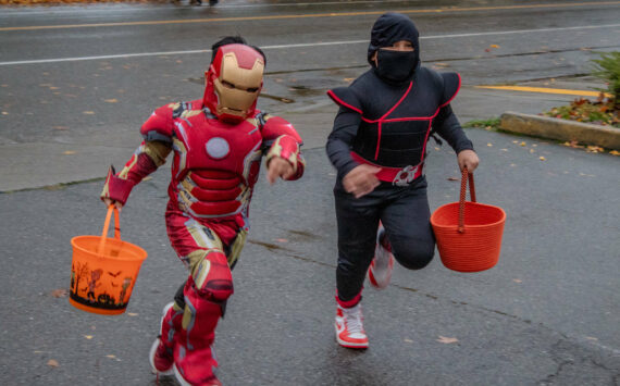 Kids rush to the Vashon Chamber of Commerce to collect candy on Halloween night, 2024. As is traditional on Vashon, Vashon Highway will once again close to traffic between Ober Park and Vashon Theatre from 5-8 p.m. on Halloween. (Alex Bruell Photo)