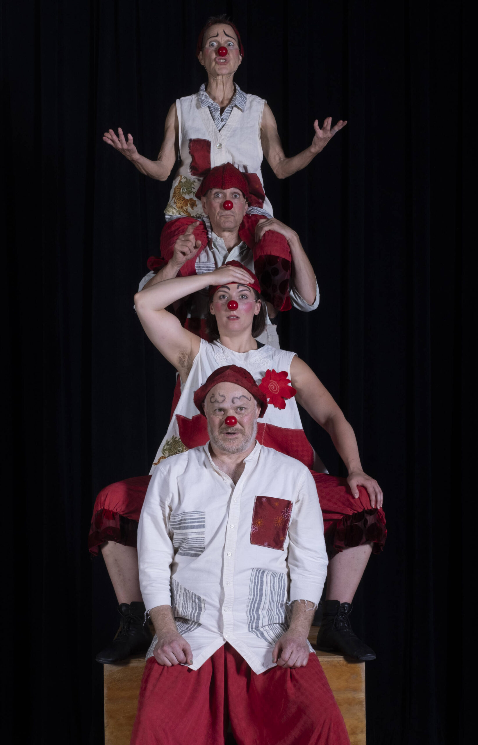 The cast of UMO Ensemble’s Tiger Tales includes (top to bottom) Janet McAlpin, David Godsey, Meghan Ames, and Lyam White. (Michelle Bates Photo)
