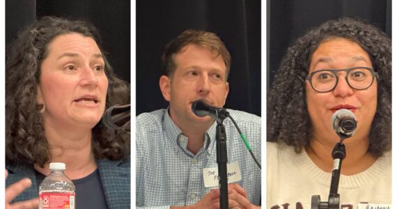 Alan Aman Photos
From left: Sen. Emily Alvarado, Rep. Joe Fitzgibbon and Rep. Brianna Thomas speak at a legislative forum Thursday at Vashon High School.