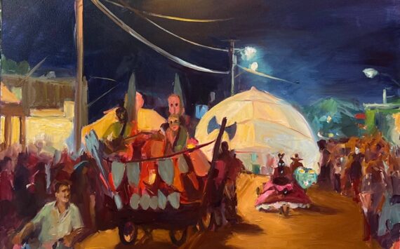 “Night Riders,” an oil painting by Pam Ingalls depicting Vashon’s Stupid Bike Night, is part of the artist’s studio tour exhibition at Dig Deep Gardens. (Courtesy Photo)